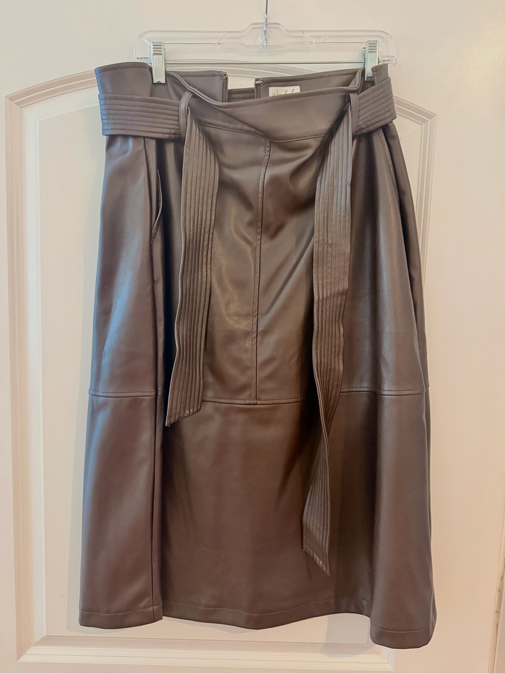 Leather-Look Brown Belted A-Line midi Skirt